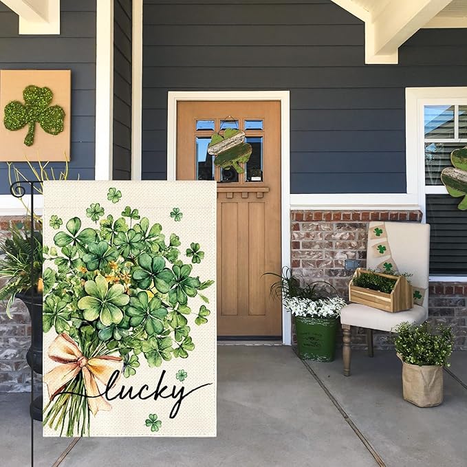 AVOIN colorlife St Patricks Day Garden Flag 12x18 Inch Double Sided Outside, Floral Lucky Shamrocks Clovers Yard Outdoor Flag
