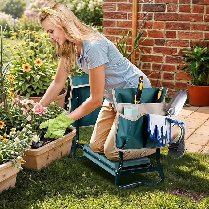 LEMY 2 in 1 Garden Kneeler and Seat - Wide 25 in Portable Heavy Duty Folding Garden Stool for Women Men Seniors, w/EVA Foam Kneeling Pad, 2 Removable Tools Pouches, Steel Frame,No Assembly