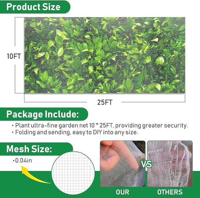 2Pack 10x25ft Garden Netting Mesh Barrier, Ultra Fine Mosquito Net for Patio,Garden Netting for Raised Beds,Fruit Tree Netting for Garden Protection Blueberry Bush Netting Cover