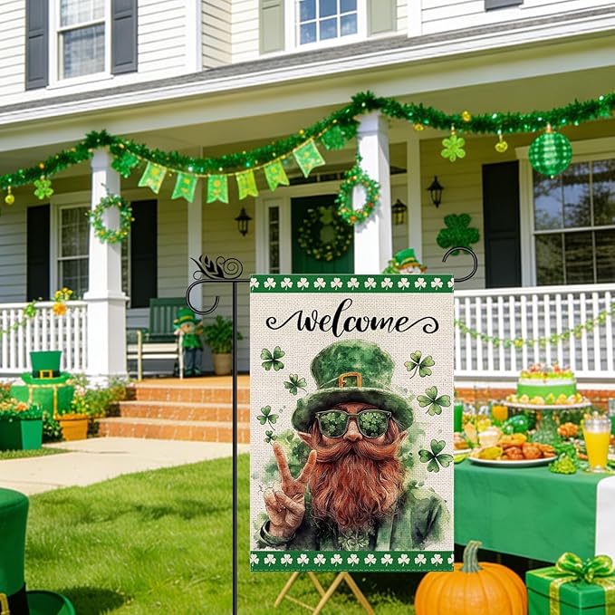 St Patricks Day Garden Flag - Leprechaun Shamrocks Green St Patricks Burlap Double Sided Holiday Flags Decorations for Yard lawn Outside Outdoor 12.5 x 18 Inch