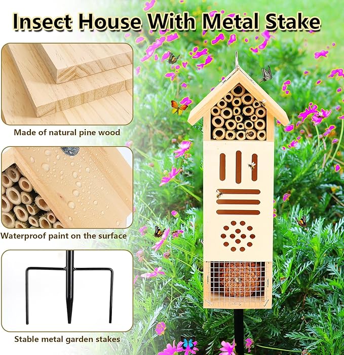 Wooden Insect House, Bee House with Metal Stake for Garden, Natural Ladbugs Habitat & Butterfly Hotel on The Ground or Hanging on Tree Wall (Pine, 3.34'' x 2.56'' x 11.8'', 11.8'' H Stake)