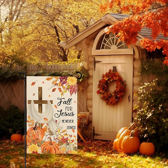 Fall for Jesus Pumpkins Garden Flag 12x18 Double Sided Fall Autumn Religious Cross Small Yard Flags for Outside Seasonal Flags Farmhouse Yard Garden Outdoor Decor