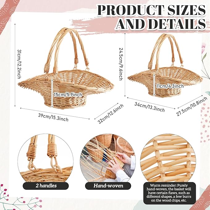 Marsui 2 Pcs Wicker Rattan Basket with Double Drop Down Handles, Christmas Wicker Woven Flower Gift Basket Storage Harvest Hamper for Garden Vegetables, Picnic, Home Decor Organizing, 15 & 13 Inch