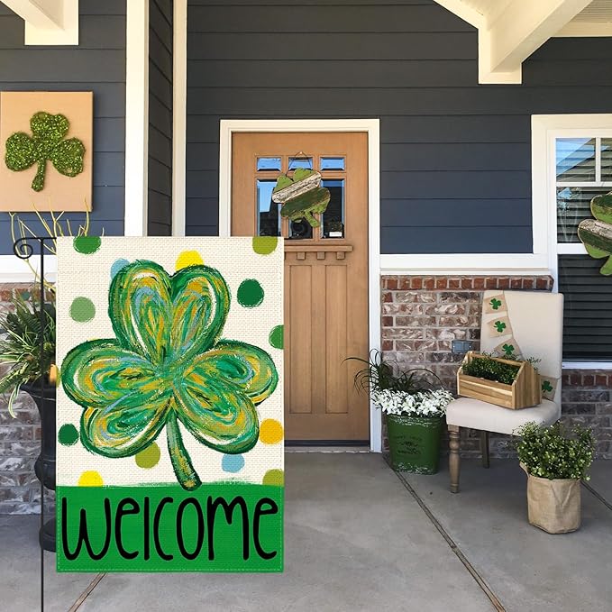 AVOIN colorlife St Patricks Day Garden Flag 12x18 Inch Double Sided Outside, Shamrock Clover Polka Dots Welcome Yard Outdoor Flag