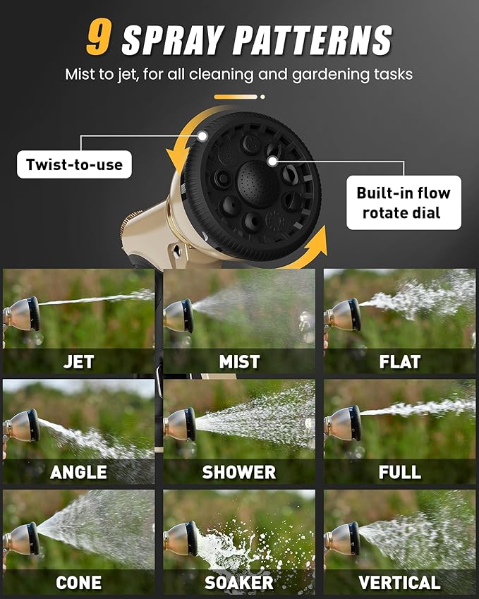 RAINPOINT Garden Hose Nozzle, Heavy Duty Metal Hose Sprayer Nozzle, 9 Adjustable Spray Patterns, High Pressure Hose Sprayer for Watering Plants, Lawns, Car and Pet Washing (Black)
