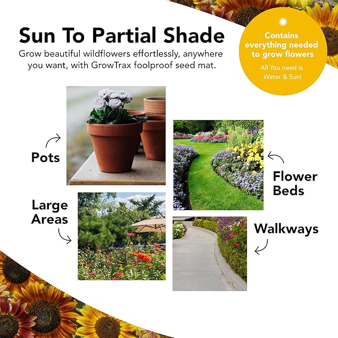 Growtrax Sunflower & Wildflower Seed Mat - 40 sqft Easy Plant and Grow with Eco-Friendly Bio Fabric Attracts Butterflies, Bees Blooms in Summer and Fall - Spring Mix Ideal for Gardens, Pots, Walkways