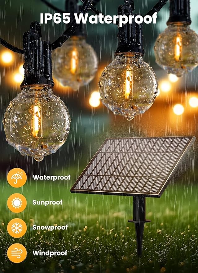 Brightown 38FT Solar String Lights Outdoor and 16 LED Shatterproof Bulbs, Dimmable & Timable, 3 Light Modes, Solar Patio String Lights Outdoor for Cafe Garden Deck Outside Wedding, No Remote Control