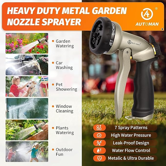 AUTOMAN Garden Hose Nozzle-7 Patterns Sprayer-2 Pack, Metal High Pressure Spray Nozzle, Heavy Duty Labor-Saving Design Water Hose Nozzle for Garden Watering, Car Washing, Window Cleaning, Pets Bathing