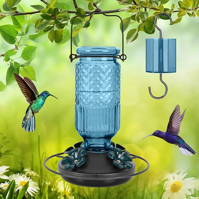 FEED GARDEN Glass Hummingbird Feeder for Outdoors Hanging, 16 OZ Humming Bird Feeders with 4 Bee Guard Feeding Ports & Built-in Ant Moat, Hummingbird Gifts for Mom Bird Feeder for Outside, Blue,2 Pack