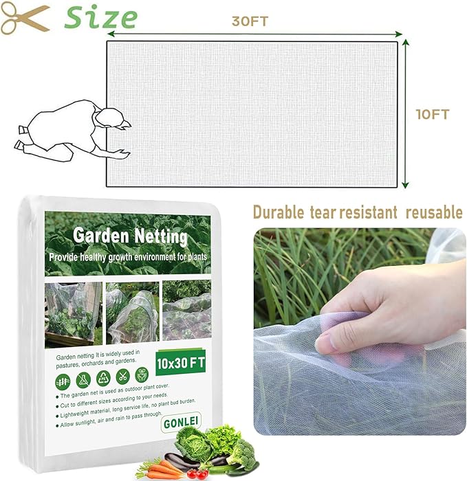 GonLei Garden Netting 10 X 30 FT Ultra Fine Garden Mesh Netting Protection Net Plant Cover Screen Vegetable Row Cover,Blueberry Netting Shrubs Fruits Tree Flowers Garden Screen Barrier Net