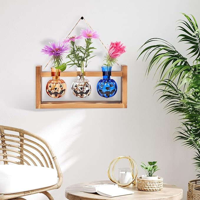 Mimorou Plant Propagation Stations Plant Terrarium with Wooden Stand Hydroponics Glass Vase Planter for Home Office Garden Table Decoration(Pumpkin)