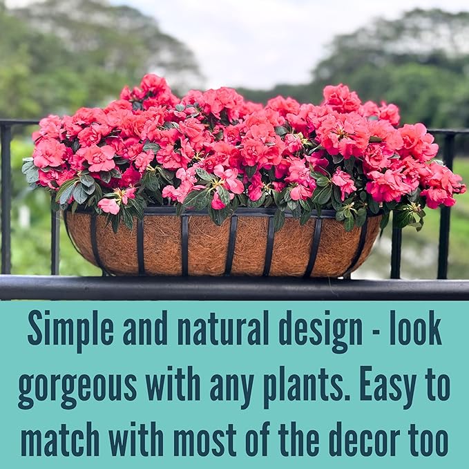 LaLaGreen Fence Planters for Outdoor Plants (24 Inch, 4 Pack) Black Metal Window Boxes Planter To Attach To House, Wall Mounted Flower Coco Baskets Outside Deck Railing Balcony Garden Porch Patio Rail