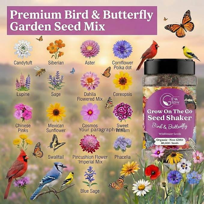 Mini Wildflower Seed Shaker - Bird & Butterfly Garden Seed Mix | 60,000+ Annual & Perennial Flower Seeds for Planting - Attracts Hummingbirds & Butterfly | No Messy Bags or Packets