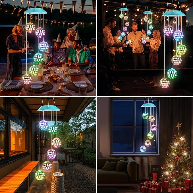 Solar Moroccan Ball Gifts for Mom Grandma Girls, Color Changing Solar Wind Chimes for Outside, Outdoor Decorative Mobile Lights for Garden, Yard, Patio, Window, Party, Easter Decor