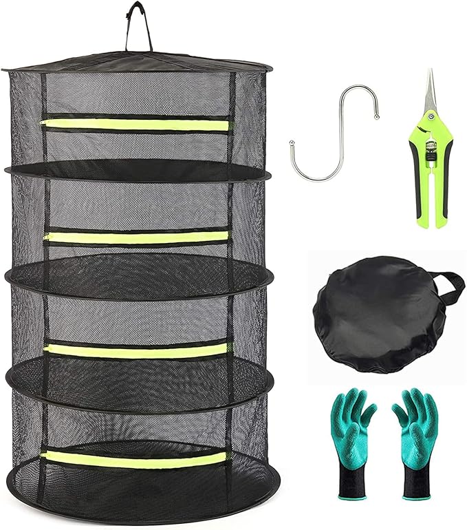 2ft 4-Layer Herb Drying Rack with Zipper, Collapsible Hanging Mesh Plant Dryer Net Basket with Garden Gloves, Pruning Scissors & Hook for Drying Seed, Bud, Hydroponic Plants