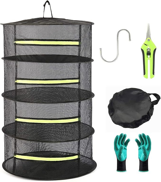 2ft 4-Layer Herb Drying Rack with Zipper, Collapsible Hanging Mesh Plant Dryer Net Basket with Garden Gloves, Pruning Scissors & Hook for Drying Seed, Bud, Hydroponic Plants