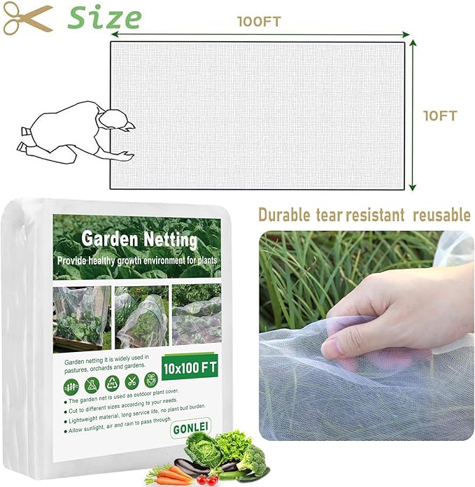 GonLei Garden Netting 10 X 100 FT Ultra Fine Netting for Garden Protection,Garden Netting for Raised Beds,Mosquito Net for Blueberry Shrubs Vegetables Fruits Flowers Crops Pest Barrier