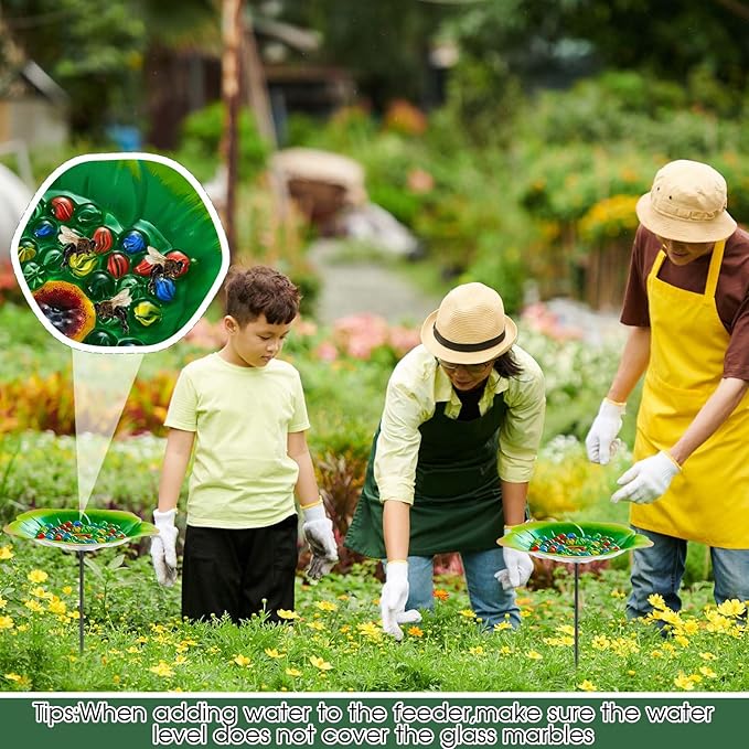 Tandefio Vivid Flower Bee Watering Station Metal Butterfly Water Feeder with 30 Colorful Glass Marbles Bee Feeder Butterfly Bath Bowl for Garden Outdoor Yard Decors(Green,Flower)