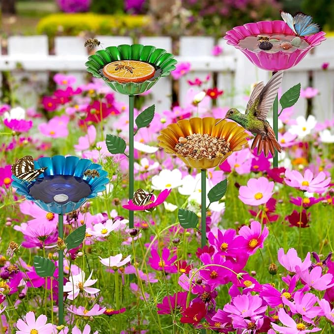 Large Bee Watering Station, 4 Pack Small Bird Bath for Outside, Metal Butterfly Feeders Bowl with 5.32'' Flower Design Bee Bath for Garden Decor