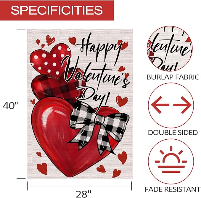Happy Valentines Day Garden Flag 28x40 Inch Double Sided Outside, Love Hearts Valentine Decorations Burlap House Flags Rustic Anniversary Yard Welcome Outdoor Farmhouse