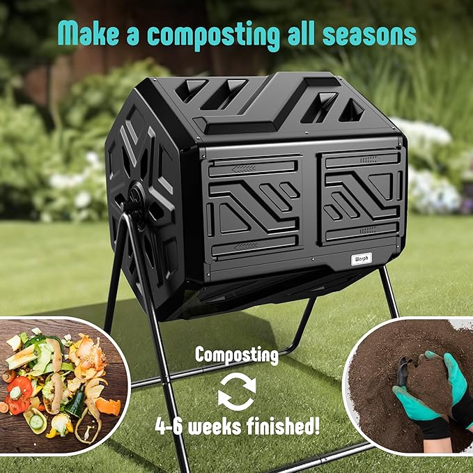 43 Gallon Compost Bin with Gloves, Fast Assembly & Easy Setup Outdoor Compost Tumbler, Updated Dual Chamber Tumbling Composter for Garden, Kitchen, and Yard Waste, Black