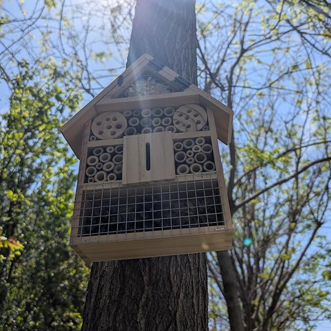 Niteangel Natural Wooden Hanging Bee House for Gardens | Natural Wooden Butterfly Hotel for Bee, Butterfly, Ladybirds, Beneficial Insect Habitat, Bee Hotel Garden