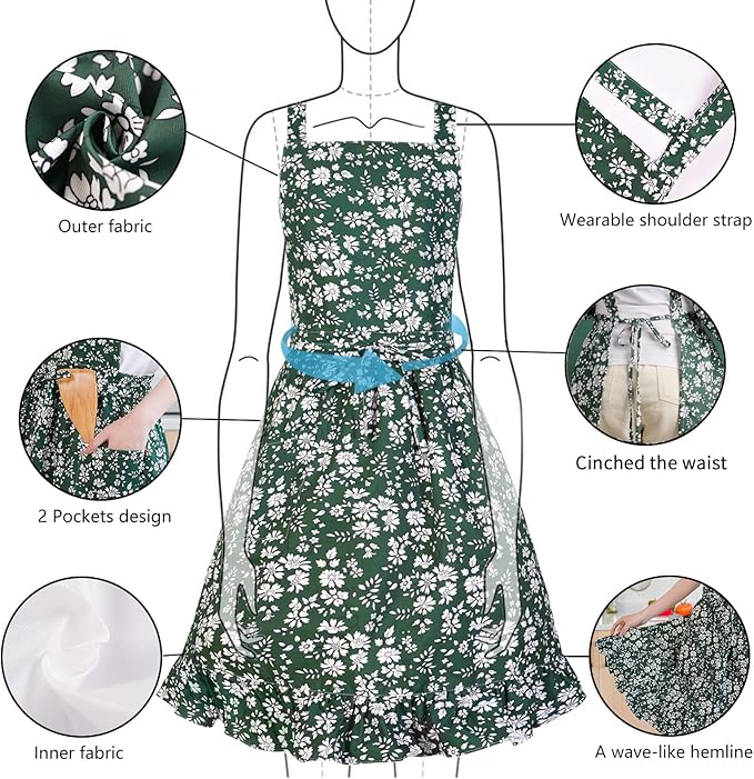 Vintage Pinafore Apron Dress for Women with Pockets Cute Floral Chef Aprons for Kitchen Cooking Baking Gardening