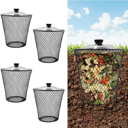 4 Pack In Ground Compost Bin Outdoor, Metal Worm Compost Bin with Lid for Organic Refuse, Worm Farm for Garden, Vegetable Patch, Backyard, Greenhouse