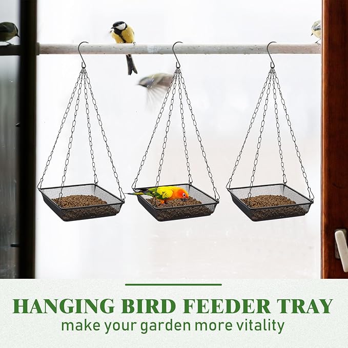 4 Pieces Hanging Bird Feeder Tray Platform Metal Mesh Feeder Seed Platform for Bird Feeding Outside Outdoors Wild House Hanging for Attracting Birds, Black(Square)
