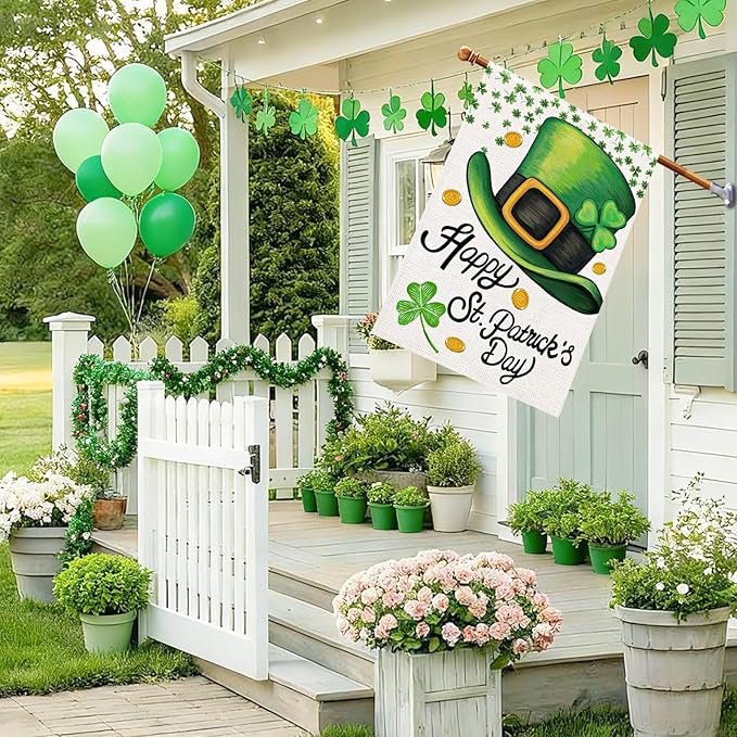 Happy St Patricks Day House Flag Burlap 28x40 Double Sided, Green Hat Shamrocks Lucky Clover Holiday Party Sign Large Flags Yard Outdoor Decorations DF660-28