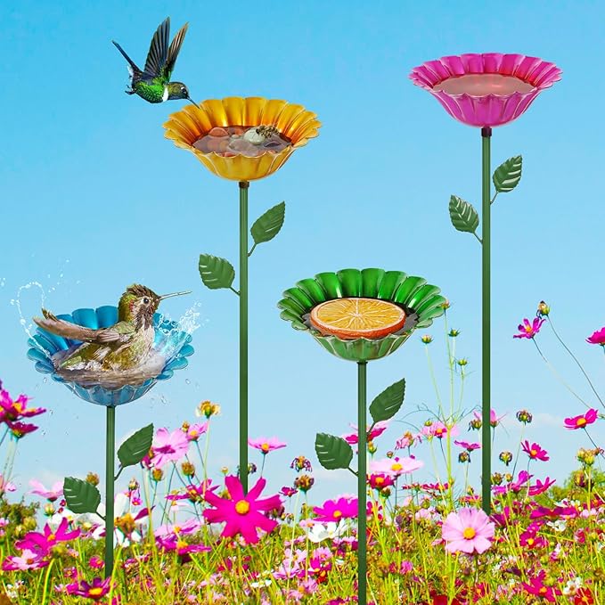 Large Bee Watering Station, 4 Pack Small Bird Bath for Outside, Metal Butterfly Feeders Bowl with 5.32'' Flower Design Bee Bath for Garden Decor