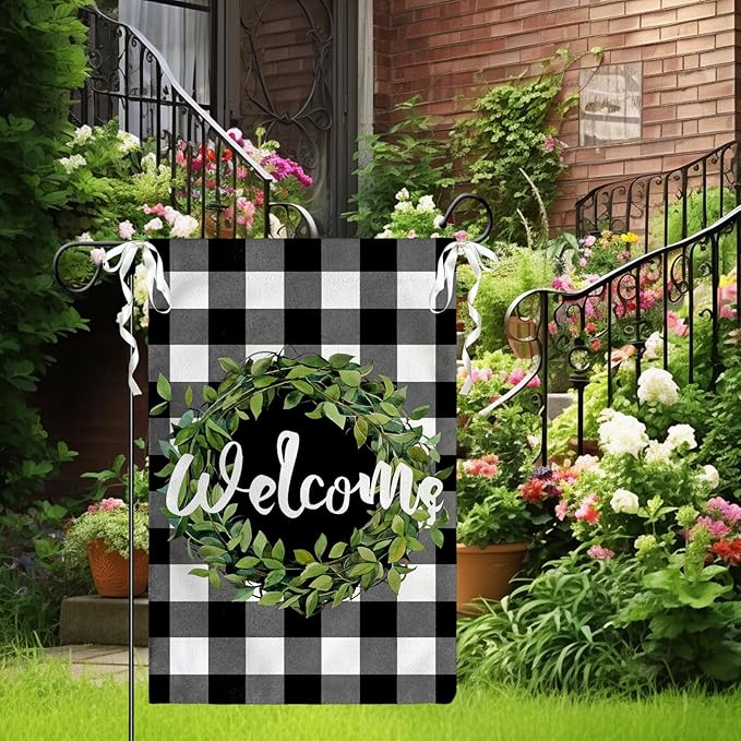 Welcome Leaves Wreath Garden Flags 12x18 Double Sided Summer Black White Buffalo Plaid Rustic Yard Flags Spring Seasonal Garden Flag Burlap Outdoor Lawn Decor