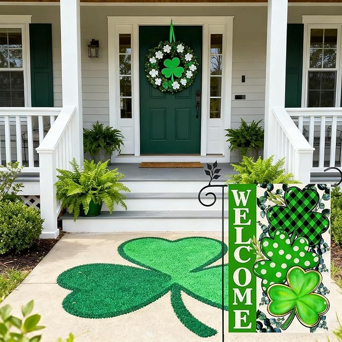 St Patricks Day Welcome Garden Flag 12x18 Inch Vertical Double Sided Outside Green Clovers Decoration Burlap Holiday Yard Flag