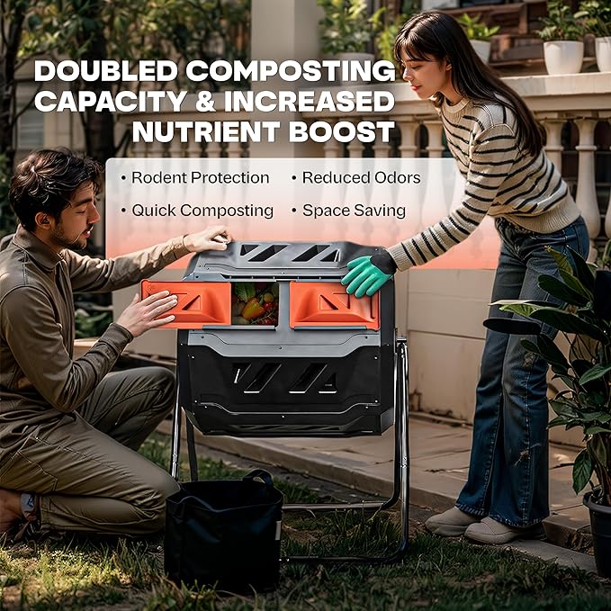 Idzo Dual Chamber Rotating Composter Tumbler Outdoor, Compost Bin Outdoor Garden with Efficient Aeration System for Easy & Quick Composting, Space-Saving Rotating Compost Bin Prevents Odor & Rodents