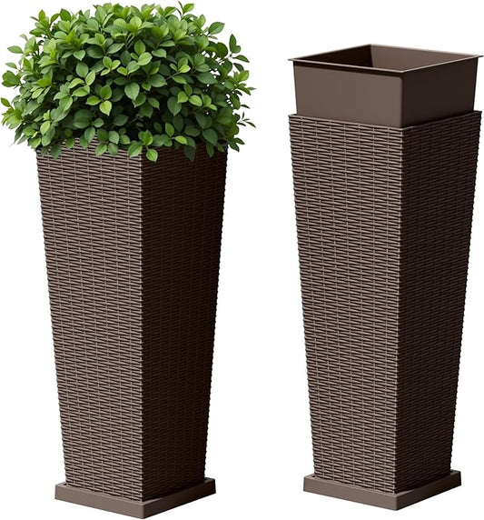 Devoko Resin Tall Planters with Tray for Outdoor Plants Set of 2, Large Taper Outdoor Planter Pots with 4 Drainage Holes, Flower Pots Modern Decor for Porch, Patio, Backyard, Garden(Brown, 32")