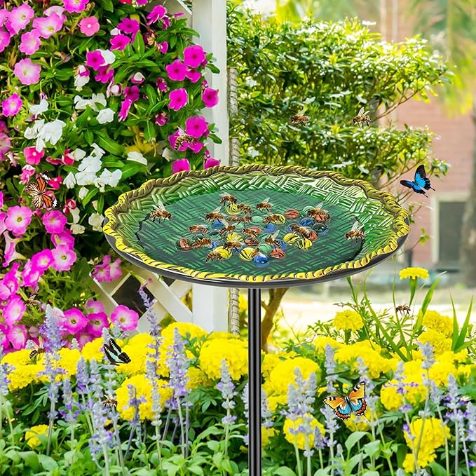 Bee Butterflies Watering Station, Standing Bee Feeder with Glass Marbles for Outside, Bee Bath Feeder with Metal Stakes Butterfly Puddler Garden Yard Déco (Green)