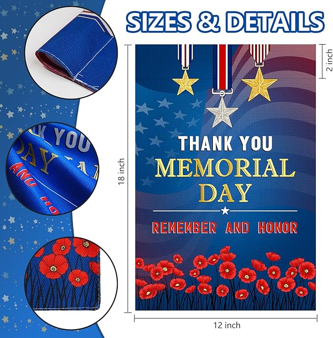 Memorial Day Garden Flag 12x18 Inch, Remember and Honor Patriotic Double Sided Flag for Yard Outdoor Decoration