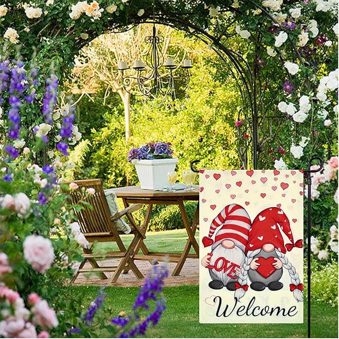 12x18 Inch Valentines Day Garden Flag Double Sided, Lovely Gnomes Yard Flag for Outdoor Decoration
