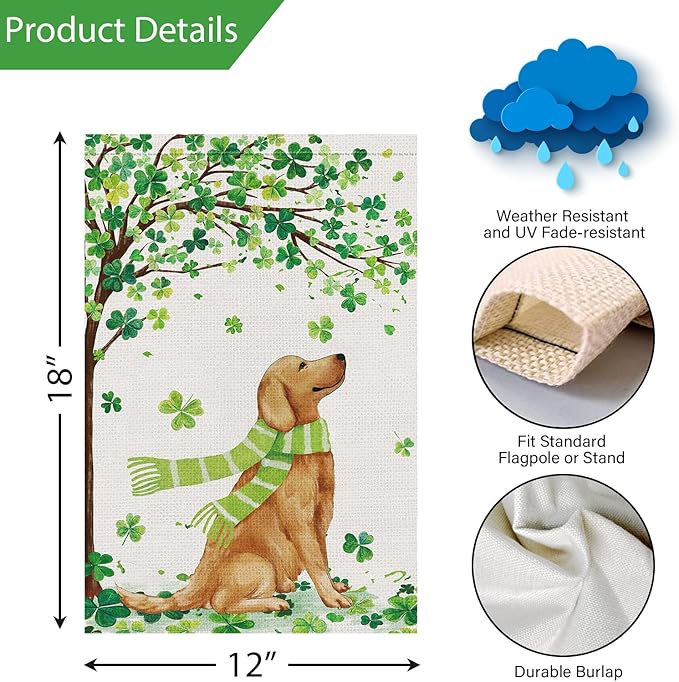 Louise Maelys St Patricks Day Garden Flag Shamrock Golden Retriever Welcome Double Sided 12x18 Inch Small Burlap Saint Spring Holiday Yard Outdoor Outside Home Decor