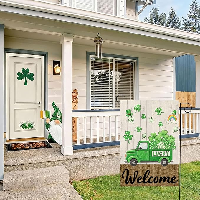 St Patricks Day Garden Flag 12x18 Inch Double Sided Outside Shamrocks Clovers Lucky Truck Welcome Yard Holiday Outdoor Decorations