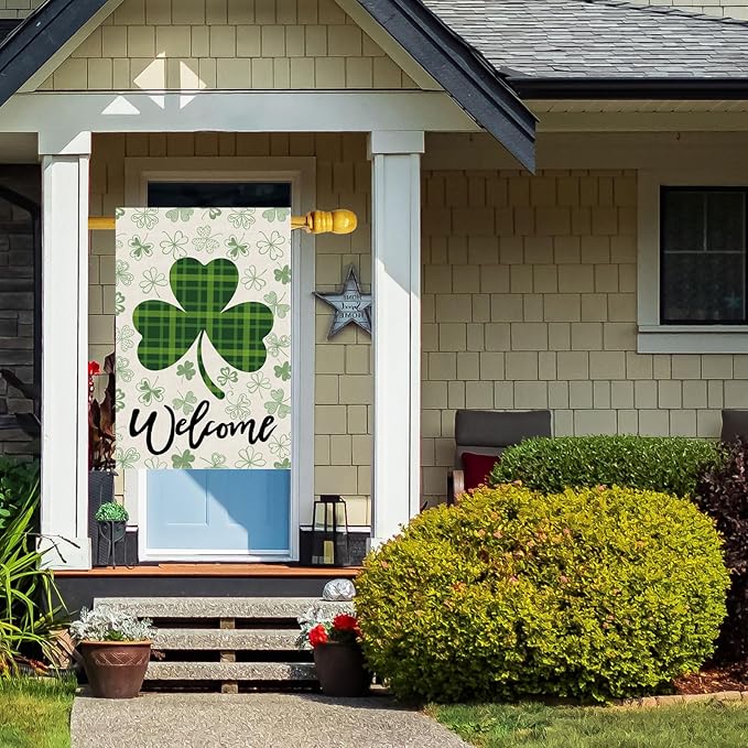 Welcome St. Patrick's Day Green Plaid Shamrocks Clovers House Flag Large Burlap 28X40 Inch Vertical Double Sided Outside Yard Holiday Outdoor Farmhouse Decoration