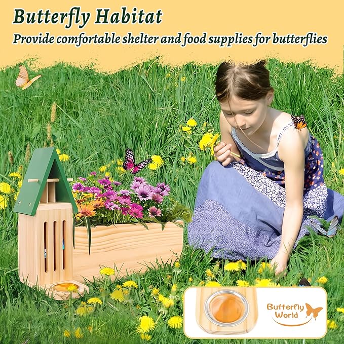 Butterfly House and Feeder with Flower Pot for Outside, 3-in-1 Wooden Butterfly House for Garden, Natural Butterfly Habitat with Butterfly Puddler for Garden Decor