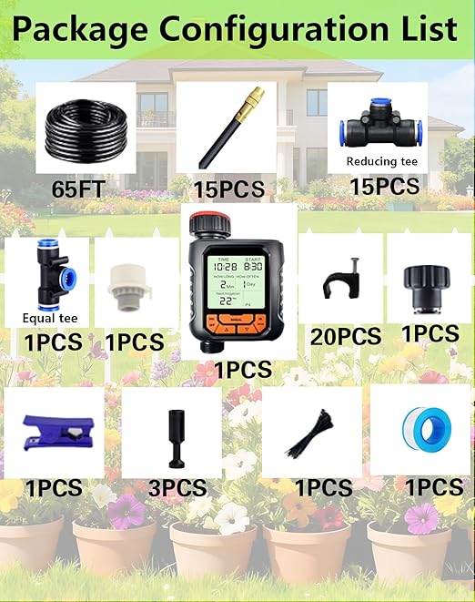 Drip Irrigation System - 360° Adjustable Micro Spray Sprinkler Kit for Garden, Easy Installation No Tools, Fine Mist Watering for Garden Potted Plants, Greenhouse (65FT+Timer)