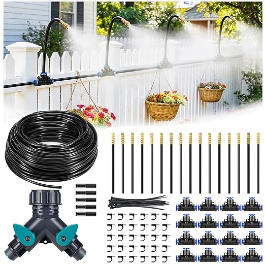 HIRALIY 360° Adjustable Drip Irrigation System 100FT, 1/4" Tubing with Adjustable Copper Nozzles, Automatic Atomizing Watering Kit for Garden, Yard, Lawn, Greenhouse & Potted Plants