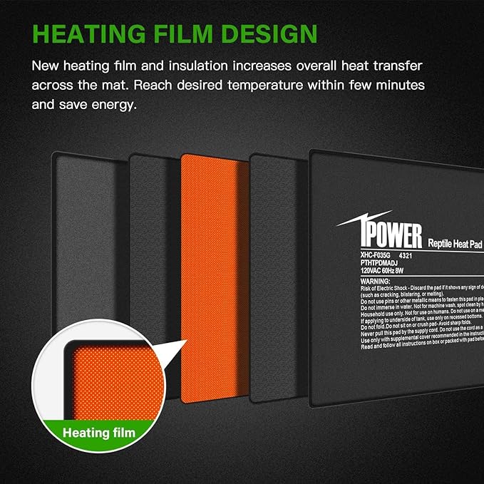 iPower 6 by 8 Inch Reptile Heating Pad with Temperature Adjustable Controller Knob, Under Tank Warmer Terrarium Heat Mat for Reptiles and Amphibians