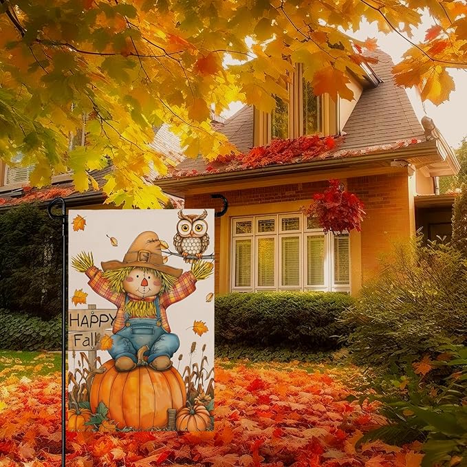 Happy Fall Pumpkins Scarecrow Garden Flags Double Sided Burlap Autumn Yellow Pumpkin Owl Yard Flag Seasonal Outside Patio Farmhouse Garden Yard Lawn Outdoor Decorative 12 x 18 Inch