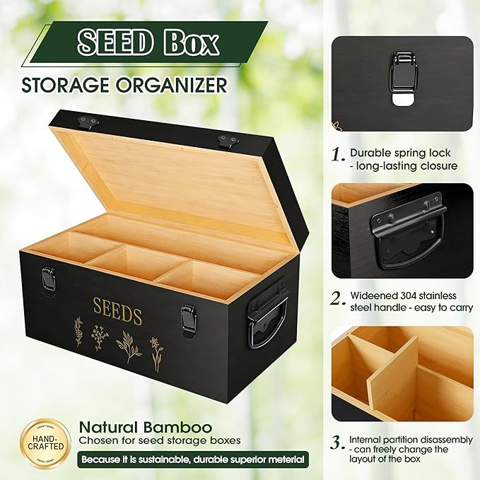 Bamboo Seed Storage Organizer, Large Garden Seed Organizer with Lid & Safety Lock & Handles, Seed Box Storage Organizer Includes Seed Envelopes and Labels etc, Great Gifts Gardening Kit (Black)