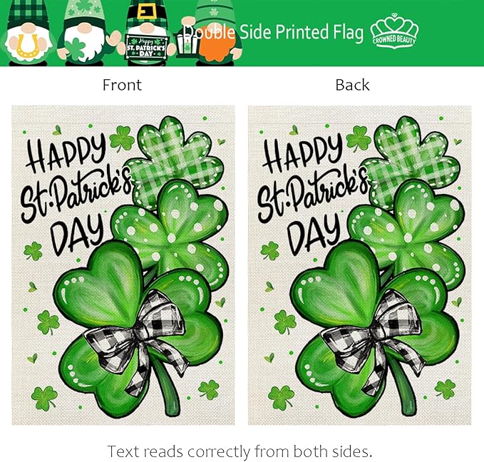 CROWNED BEAUTY St Patricks Day Garden Flag Shamrocks Clover 12x18 Inch Double Sided Green Holiday Decoration for Outdoor Lawn Yard CF1928-12