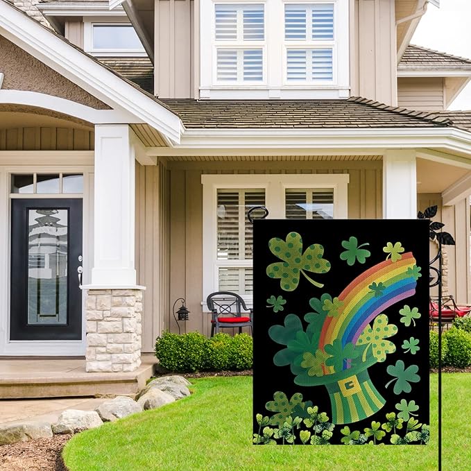 St Patricks Day Garden Flag, Double Sided Burlap Top Hat St Patrick's Day Garden Flag,12x18 Inch Small Sharmrock Vertical Spring Summer Holiday Yard Outdoor Home Decoration