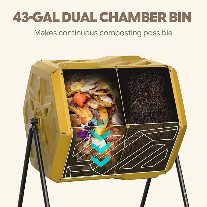 Updated 43 Gallon Dual-Chamber Compost Bin, Fast Assembly Outdoor Compost Tumbler, Rotating Batch Composter Bin with Gloves for Garden, Kitchen, and Yard